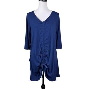 Bryn Walker Josie Tunic Navy Blue Cinched Front V-neck Bamboo Knit Tunic Top